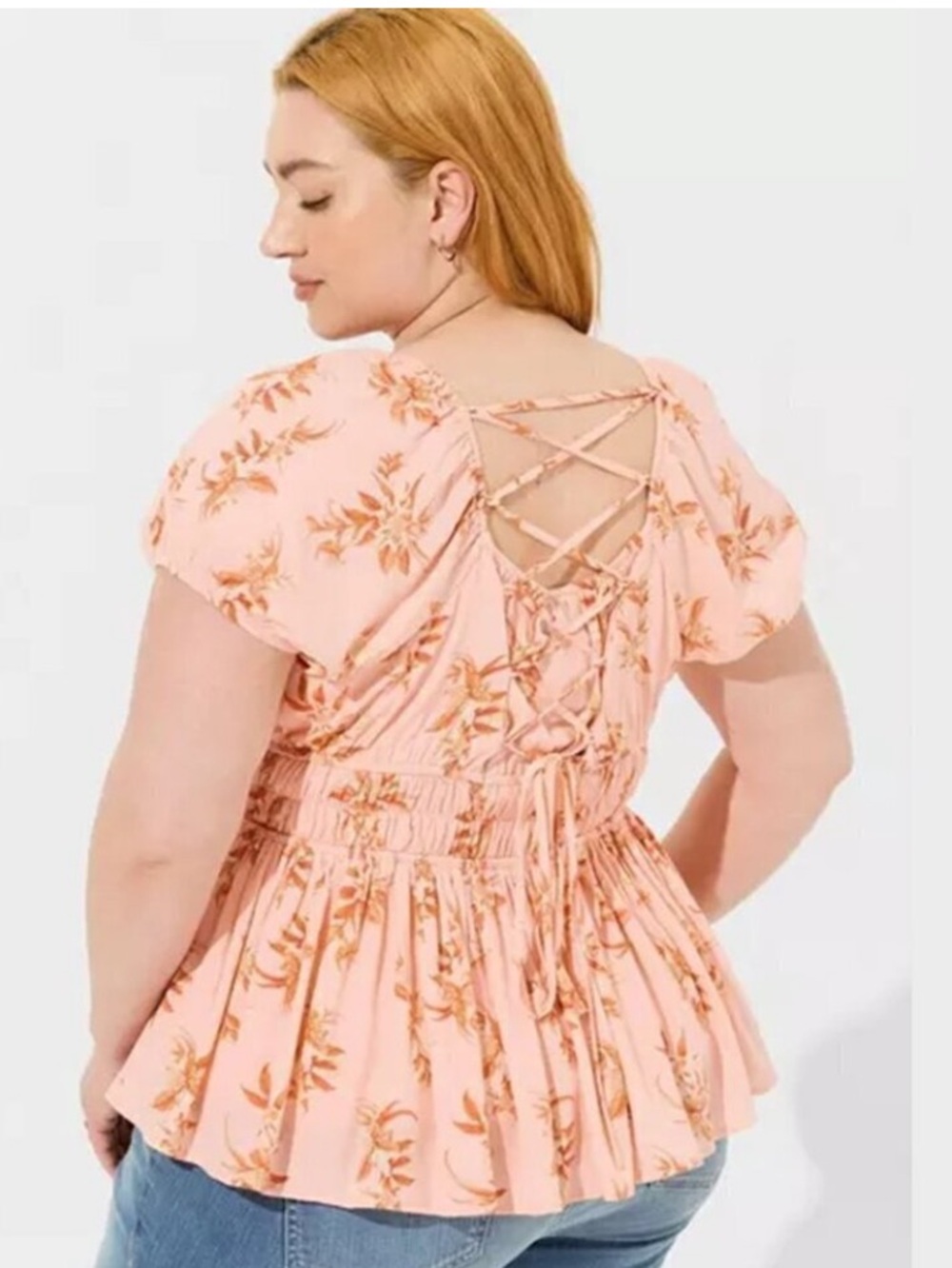 torrid Peach Floral Lace-Up Peplum Top